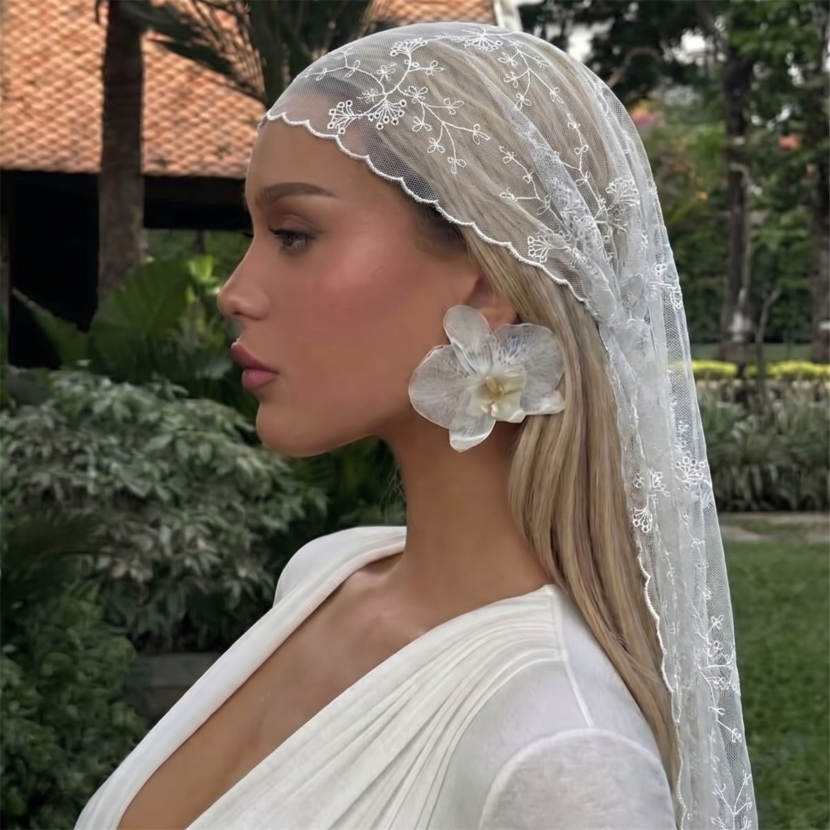 Head Wrap Turban - White Floral Lace Mesh Headscarf Women