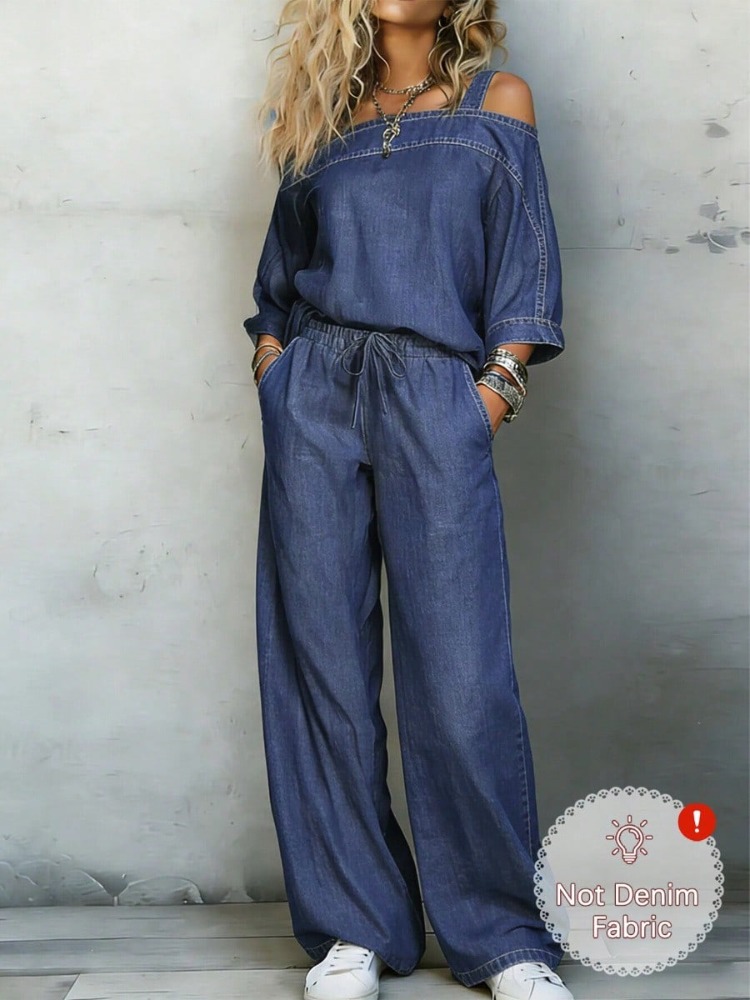 Women Denim‑Look 2 Piece Outfi - Pocket Square Set 评论和价格